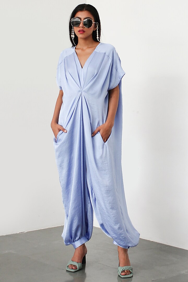 Ice Blue Satin Lounge Jumpsuit by 431-88 By Shweta Kapur