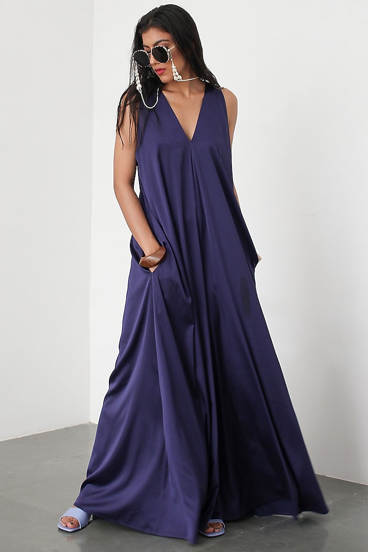 Navy Blue Silk A-Line Jumpsuit by 431-88 By Shweta Kapur