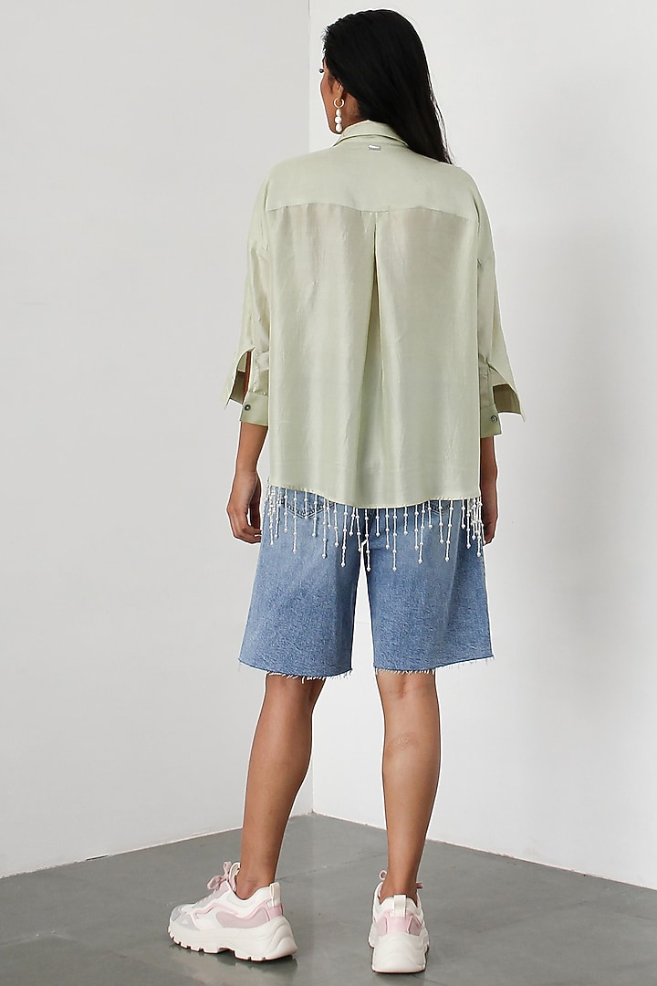 Mint Dupion Silk Pearl Shirt by 431-88 By Shweta Kapur at Pernia's Pop Up Shop