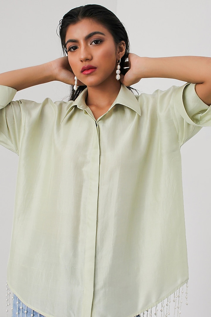 Mint Dupion Silk Pearl Shirt by 431-88 By Shweta Kapur at Pernia's Pop Up Shop