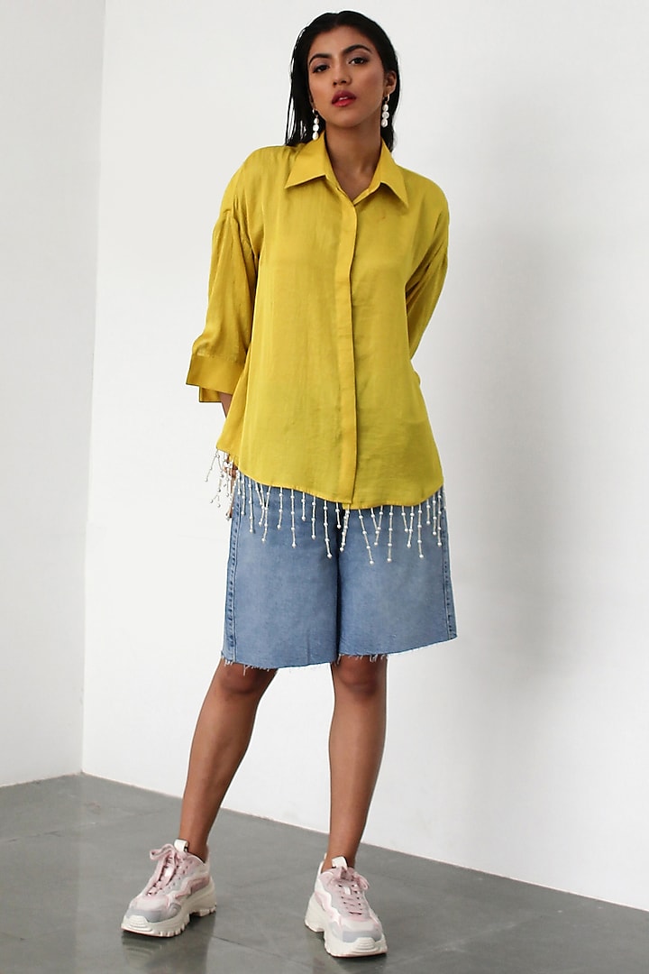 Lemon Silk Shirt With Pearls by 431-88 By Shweta Kapur