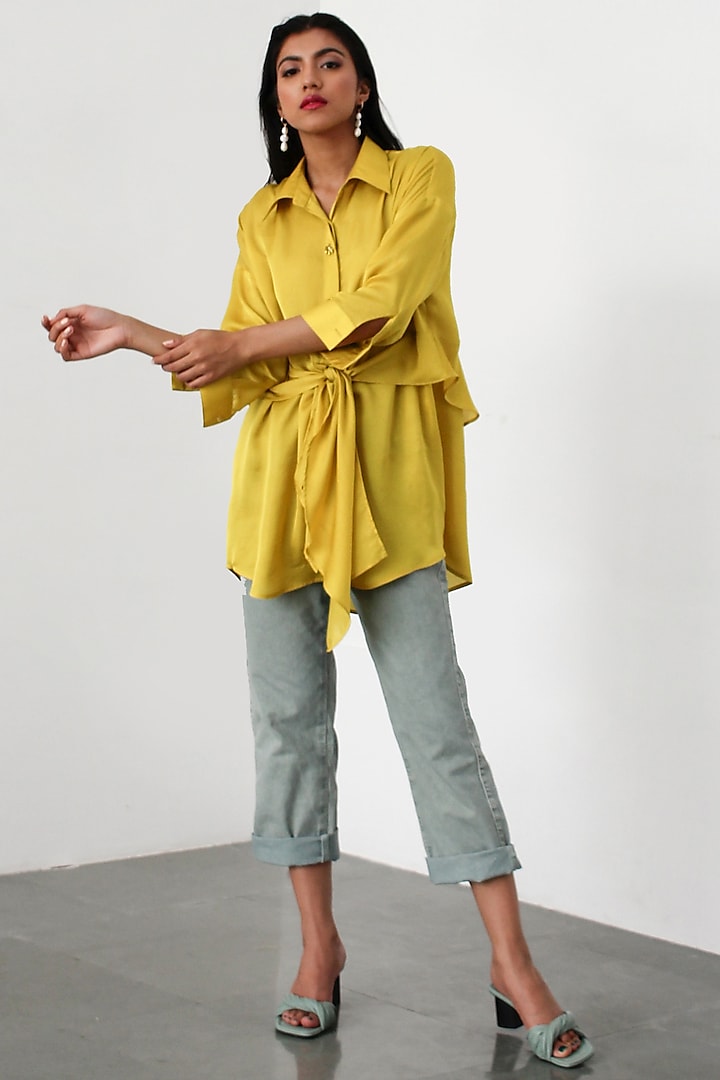 Lemon Silk Shirt With Embroidered Buttons by 431-88 By Shweta Kapur