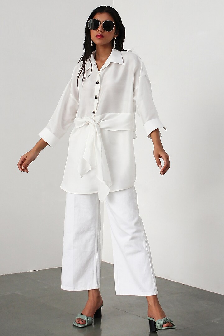 White Dupion Silk Knot Shirt by 431-88 By Shweta Kapur at Pernia's Pop Up Shop