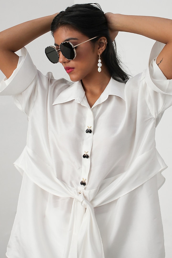 White Dupion Silk Knot Shirt by 431-88 By Shweta Kapur at Pernia's Pop Up Shop