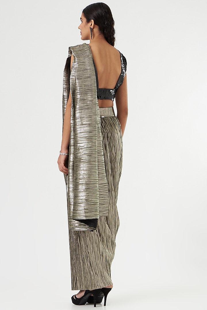 Black Gold Metallic Pleated Draped Wedding Saree Set by 431-88 By Shweta Kapur at Pernia's Pop Up Shop