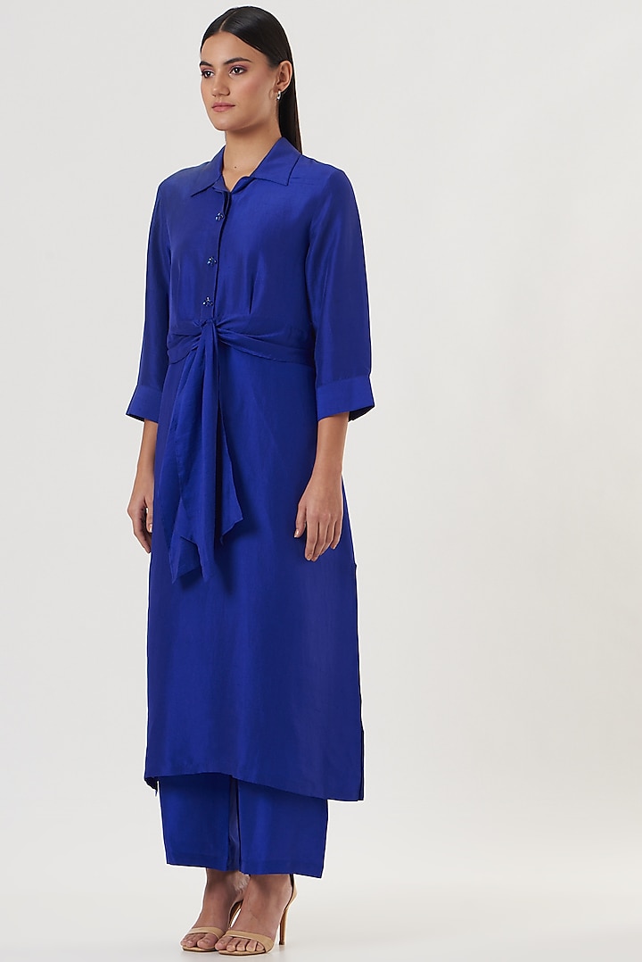 Midnight Blue Dupion Silk Kurta Set by 431-88 By Shweta Kapur at Pernia's Pop Up Shop