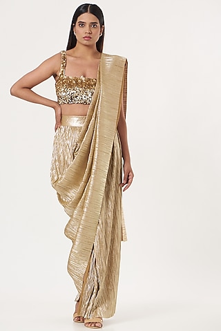 Sand Metallic Pleated Draped Saree by 431-88 By Shweta Kapur