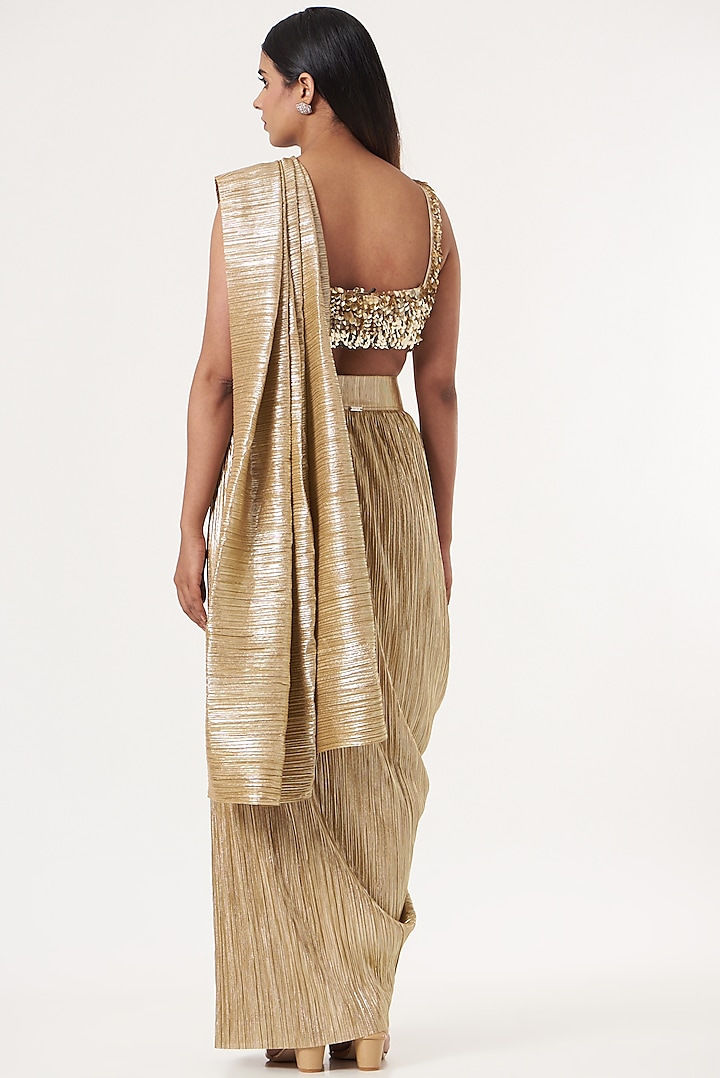 Sand Metallic Pleated Draped Wedding Saree by 431-88 By Shweta Kapur at Pernia's Pop Up Shop