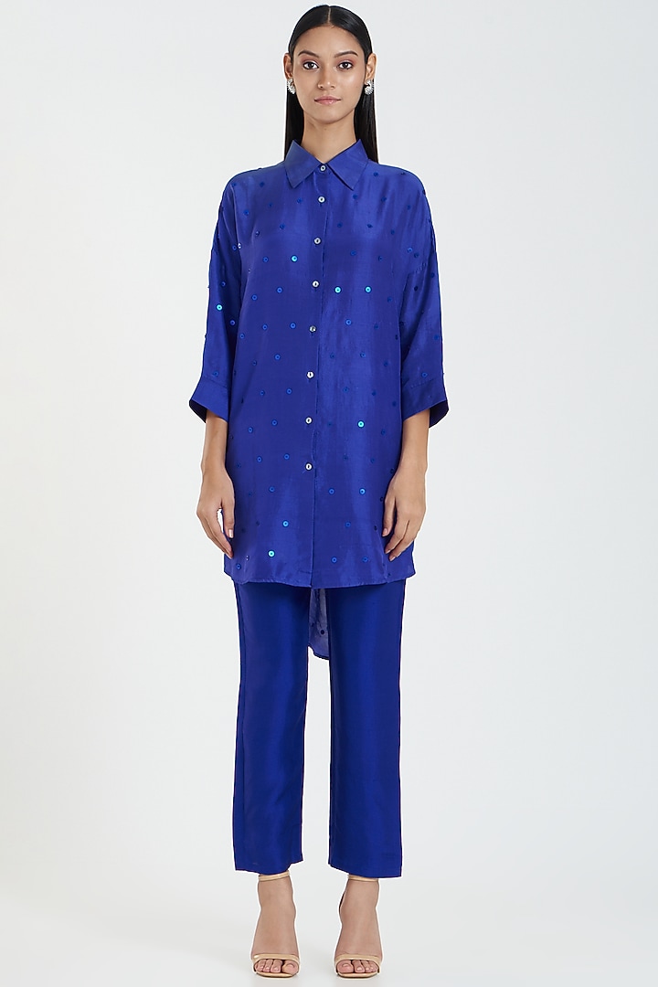 Navy Blue Embellished Shirt by 431-88 By Shweta Kapur at Pernia's Pop Up Shop