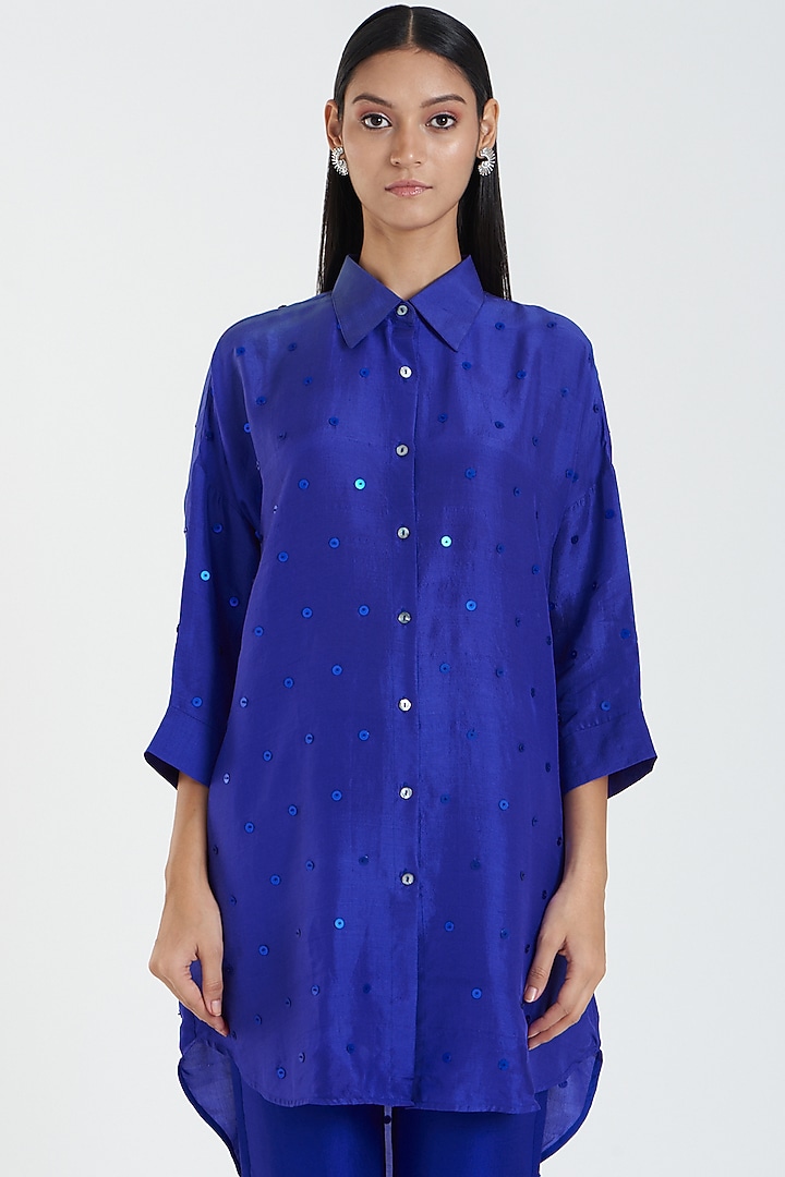 Navy Blue Embellished Shirt by 431-88 By Shweta Kapur at Pernia's Pop Up Shop