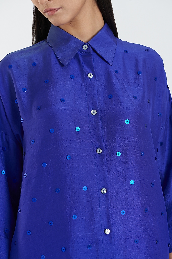 Navy Blue Embellished Shirt by 431-88 By Shweta Kapur at Pernia's Pop Up Shop