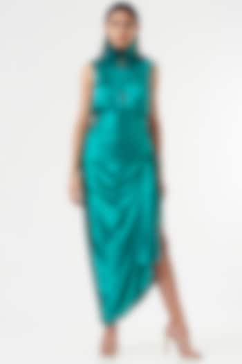 Emerald Green Silk Satin Draped Skirt by 431-88 By Shweta Kapur