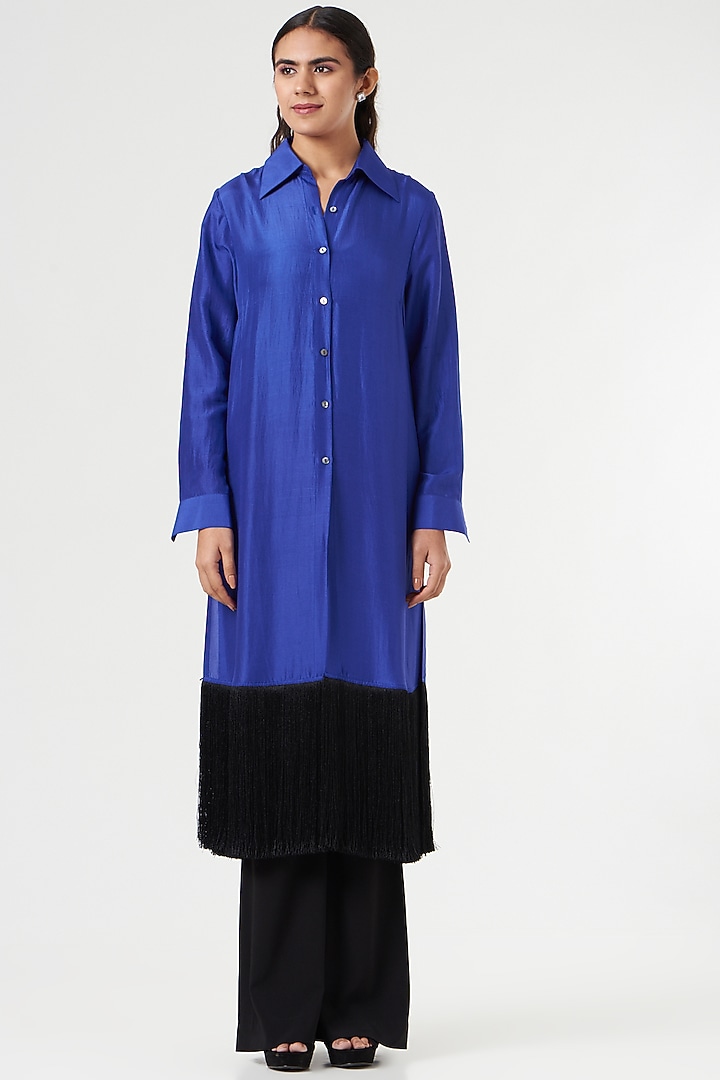 Electric Blue & Black Silk Long Shirt by 431-88 By Shweta Kapur at Pernia's Pop Up Shop