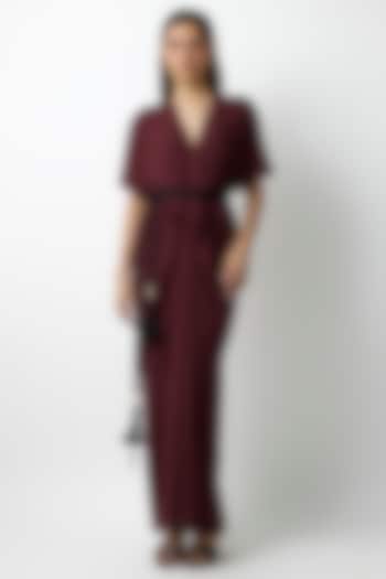 Maroon Shimmer Jersey Kaftan Vacation Dress With Belt by 431-88 By Shweta Kapur at Pernia's Pop Up Shop