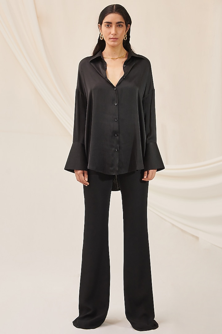 Black Stretch Silk Shirt by 431-88 By Shweta Kapur at Pernia's Pop Up Shop