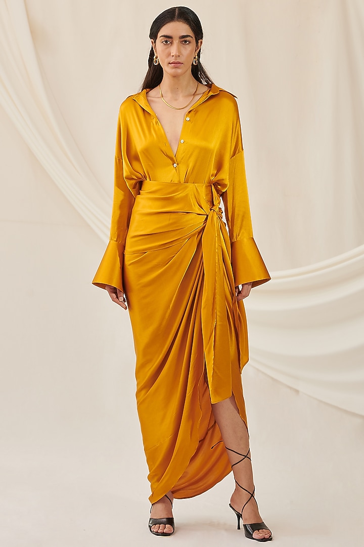 Ochre Yellow Stretch Silk Shirt by 431-88 By Shweta Kapur at Pernia's Pop Up Shop