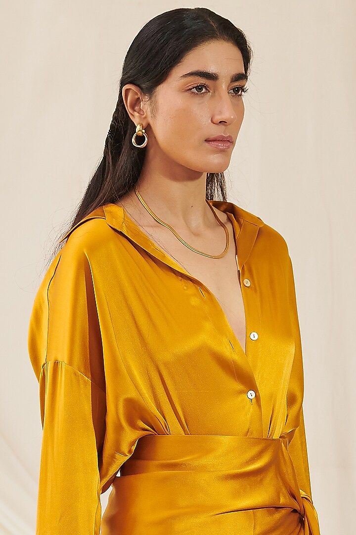 Ochre Yellow Stretch Silk Shirt by 431-88 By Shweta Kapur at Pernia's Pop Up Shop