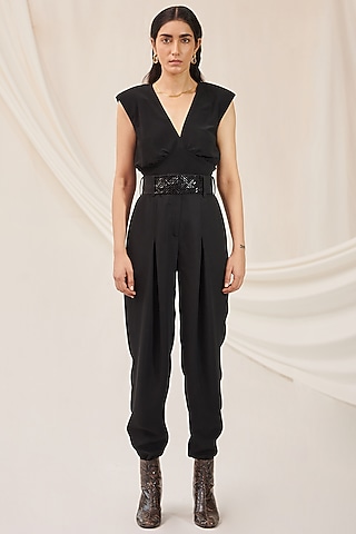 Black Micro Poly Cargo Pants by 431-88 By Shweta Kapur