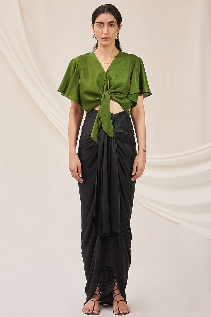 Olive Green Silk Crop Top by 431-88 By Shweta Kapur at Pernia's Pop Up Shop
