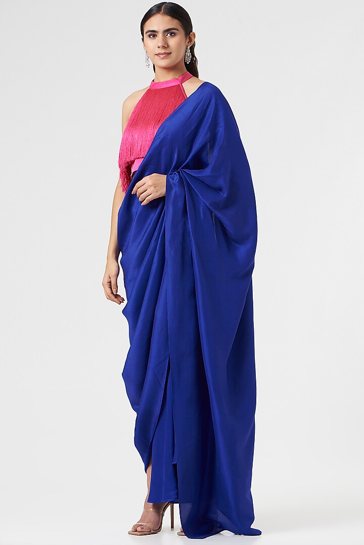 Electric Blue Pre-Draped Wedding Saree Set in Silk by 431-88 By Shweta Kapur at Pernia's Pop Up Shop