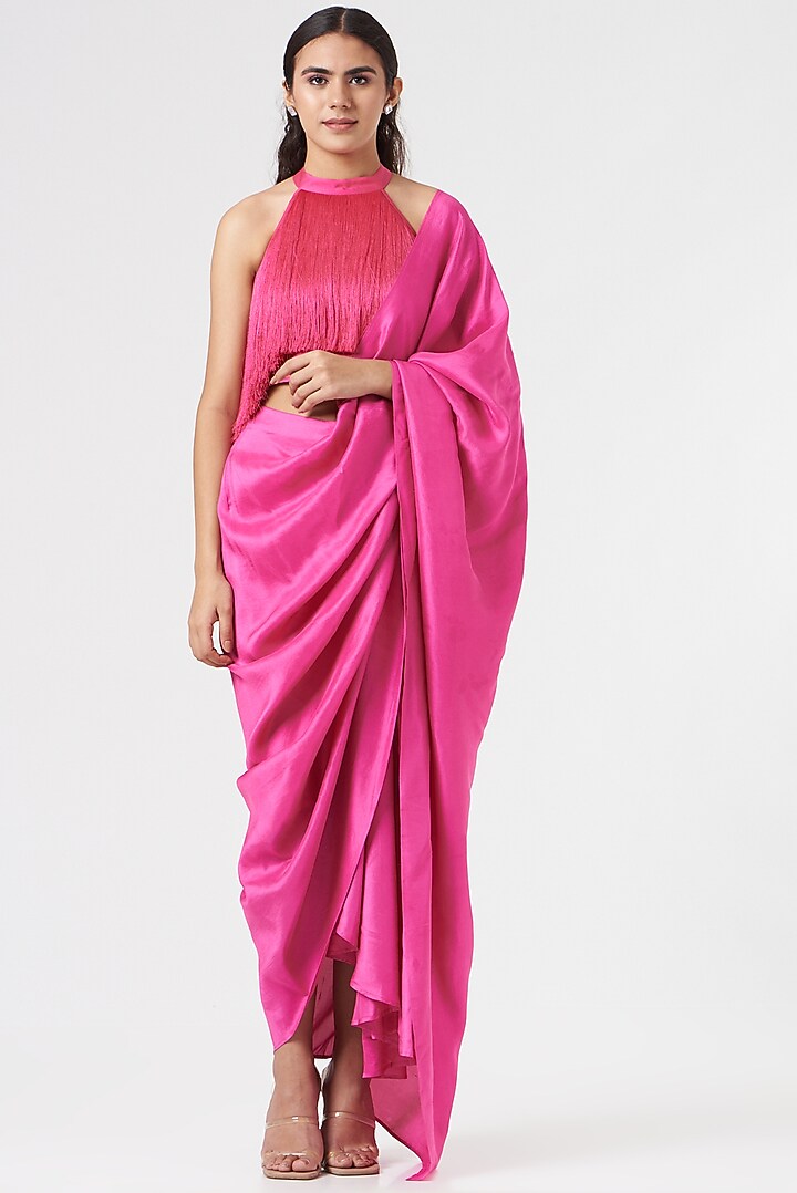 Fuchsia Silk Pre-Draped Saree Set by 431-88 By Shweta Kapur