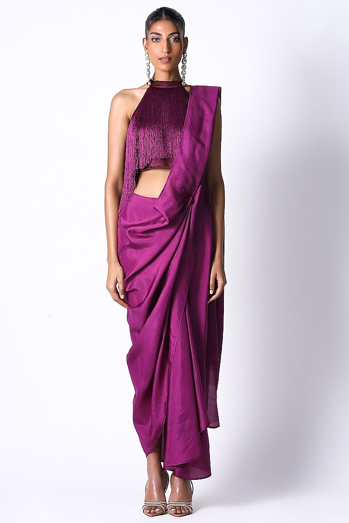 Purple Satin & Silk Pre-Draped Wedding Saree Set by 431-88 By Shweta Kapur at Pernia's Pop Up Shop