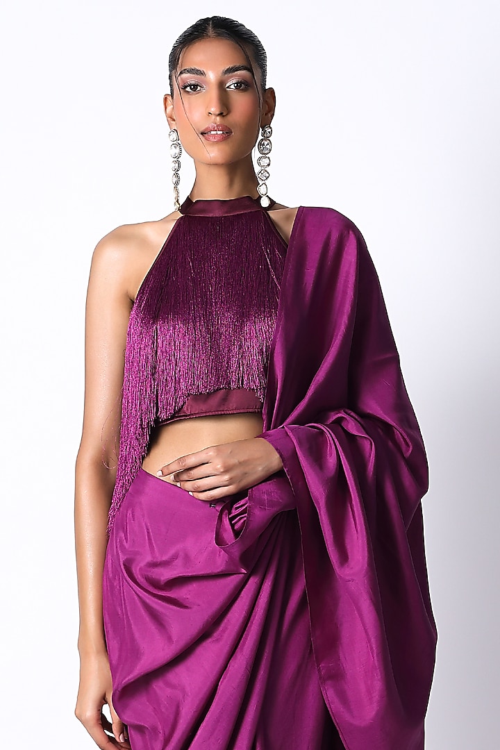 Purple Satin & Silk Pre-Draped Wedding Saree Set by 431-88 By Shweta Kapur at Pernia's Pop Up Shop