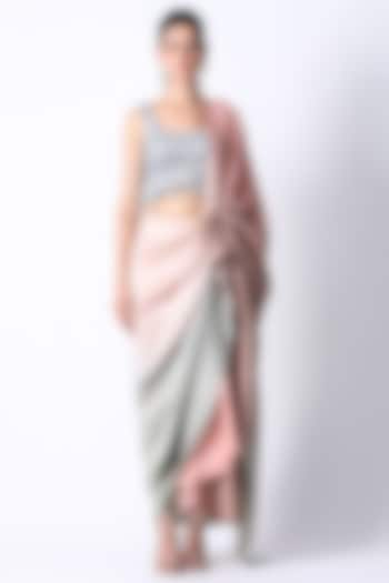 Silver & Salmon Pink Silk Ombre Pre-Draped Saree Set by 431-88 By Shweta Kapur at Pernia's Pop Up Shop