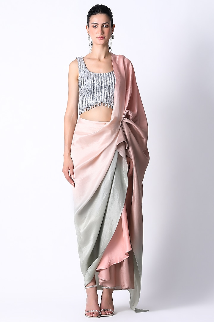 Silver & Salmon Pink Silk Ombre Pre-Draped Saree Set by 431-88 By Shweta Kapur at Pernia's Pop Up Shop