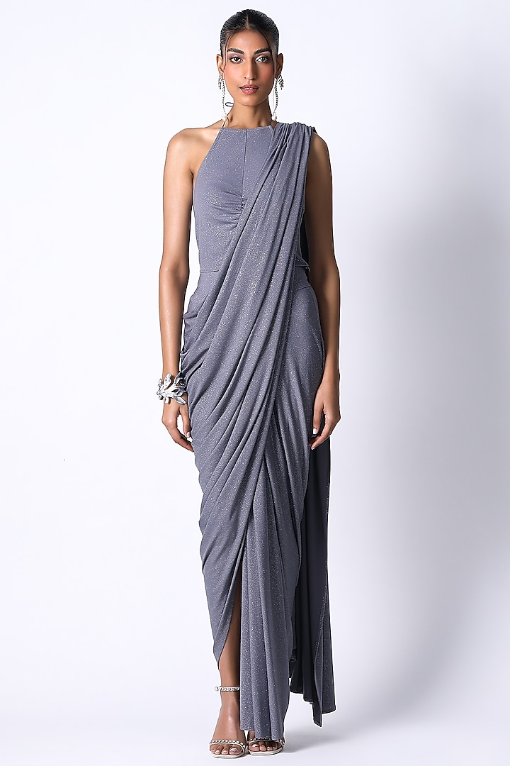 Grey Jersey Pre-Draped Wedding Saree Set by 431-88 By Shweta Kapur at Pernia's Pop Up Shop