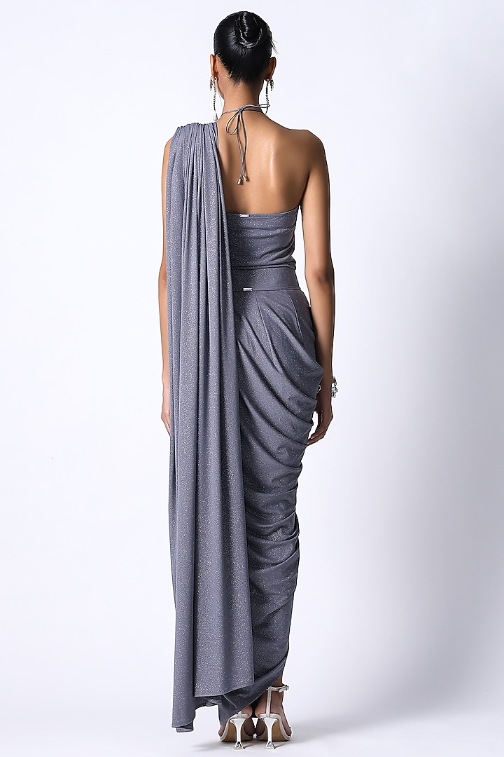 Grey Jersey Pre-Draped Wedding Saree Set by 431-88 By Shweta Kapur at Pernia's Pop Up Shop