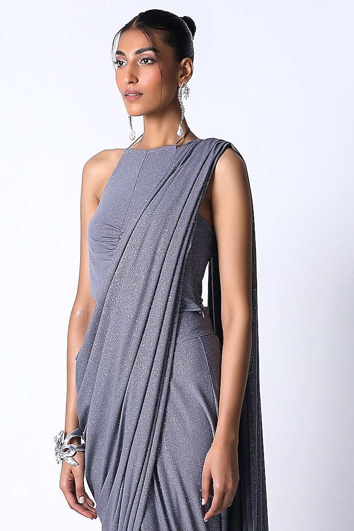 Grey Jersey Pre-Draped Wedding Saree Set by 431-88 By Shweta Kapur at Pernia's Pop Up Shop