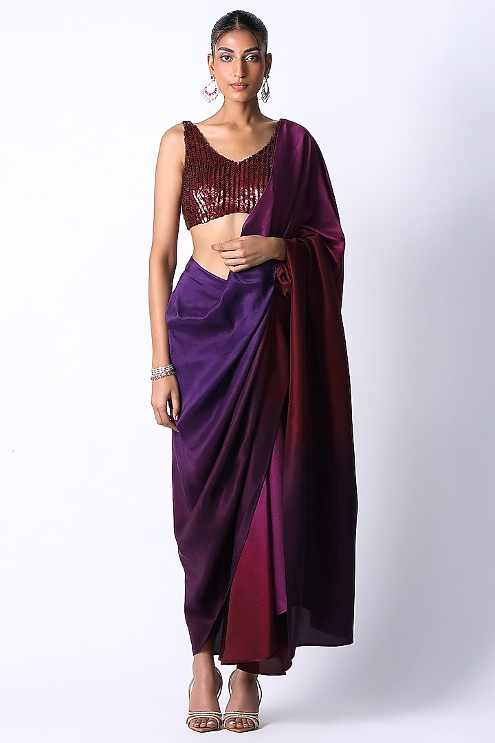Maroon & Plum Silk Ombre Pre-Draped Wedding Saree Set by 431-88 By Shweta Kapur at Pernia's Pop Up Shop