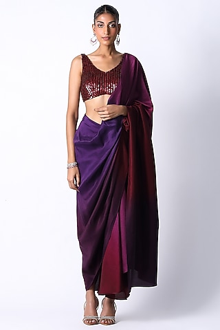 Maroon & Plum Silk Ombre Pre-Draped Saree Set by 431-88 By Shweta Kapur