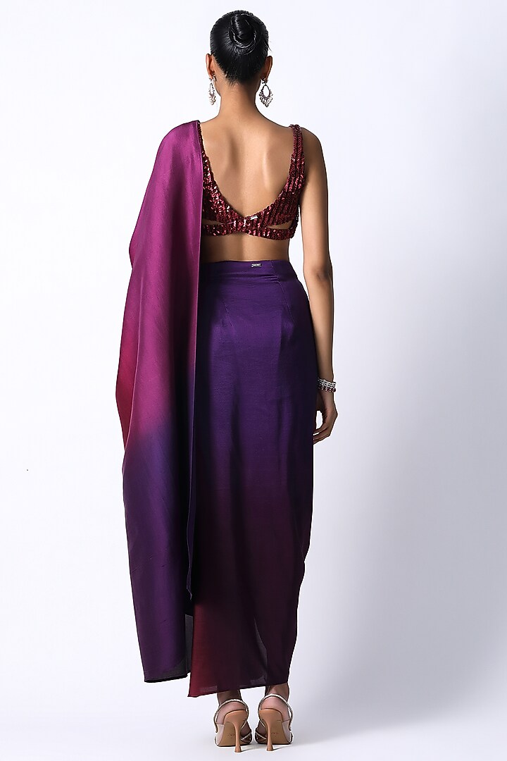 Maroon & Plum Silk Ombre Pre-Draped Wedding Saree Set by 431-88 By Shweta Kapur at Pernia's Pop Up Shop