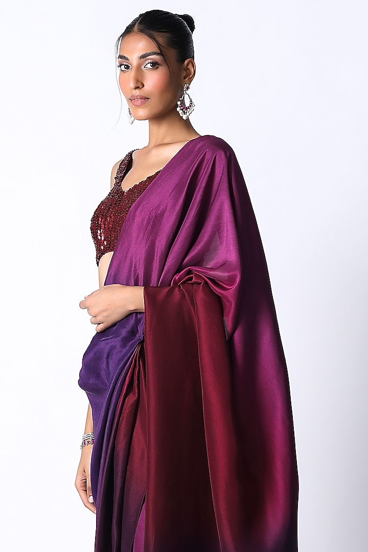 Maroon & Plum Silk Ombre Pre-Draped Wedding Saree Set by 431-88 By Shweta Kapur at Pernia's Pop Up Shop