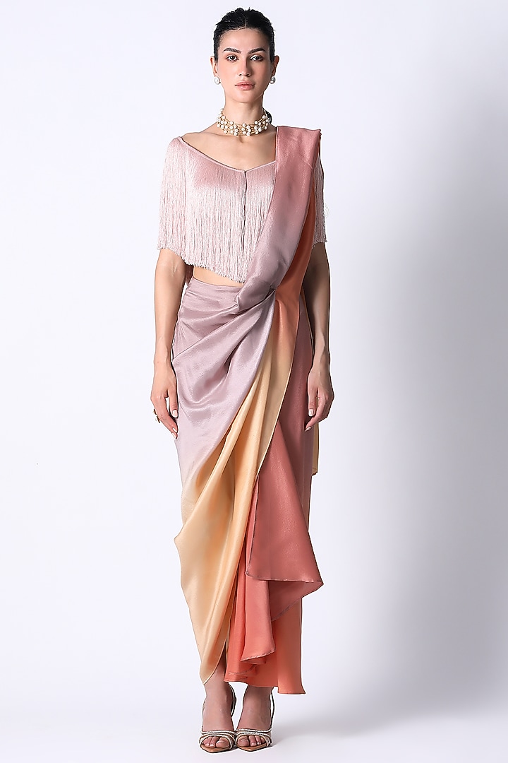 Baby Pink & Peach Ombre Satin Pre-Draped Wedding Saree Set by 431-88 By Shweta Kapur at Pernia's Pop Up Shop