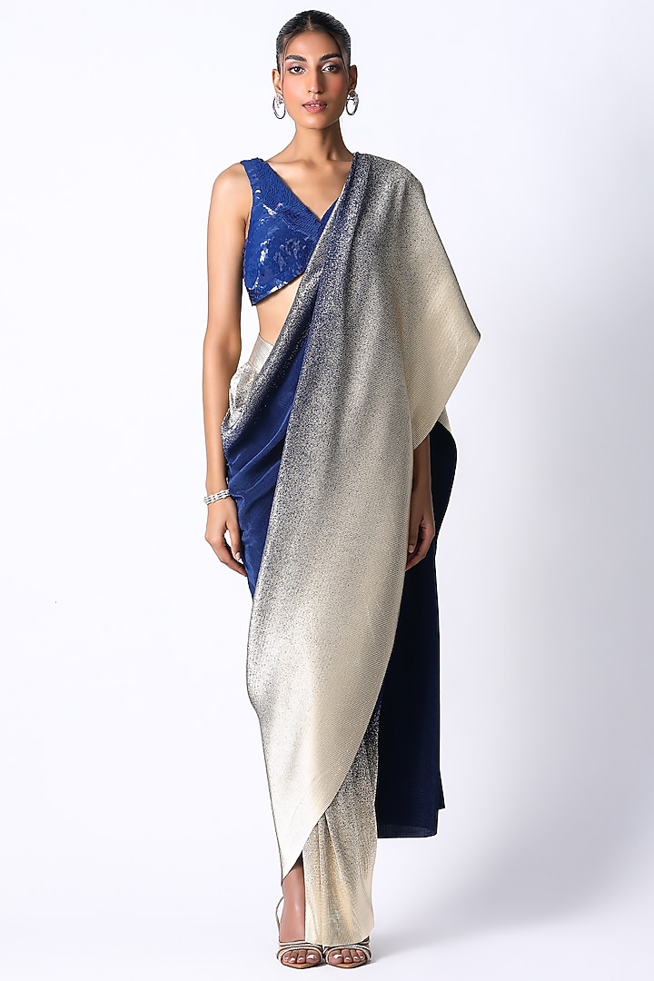 Electric Blue & Gold Cotton Ombre Pre-Draped Wedding Saree Set by 431-88 By Shweta Kapur at Pernia's Pop Up Shop