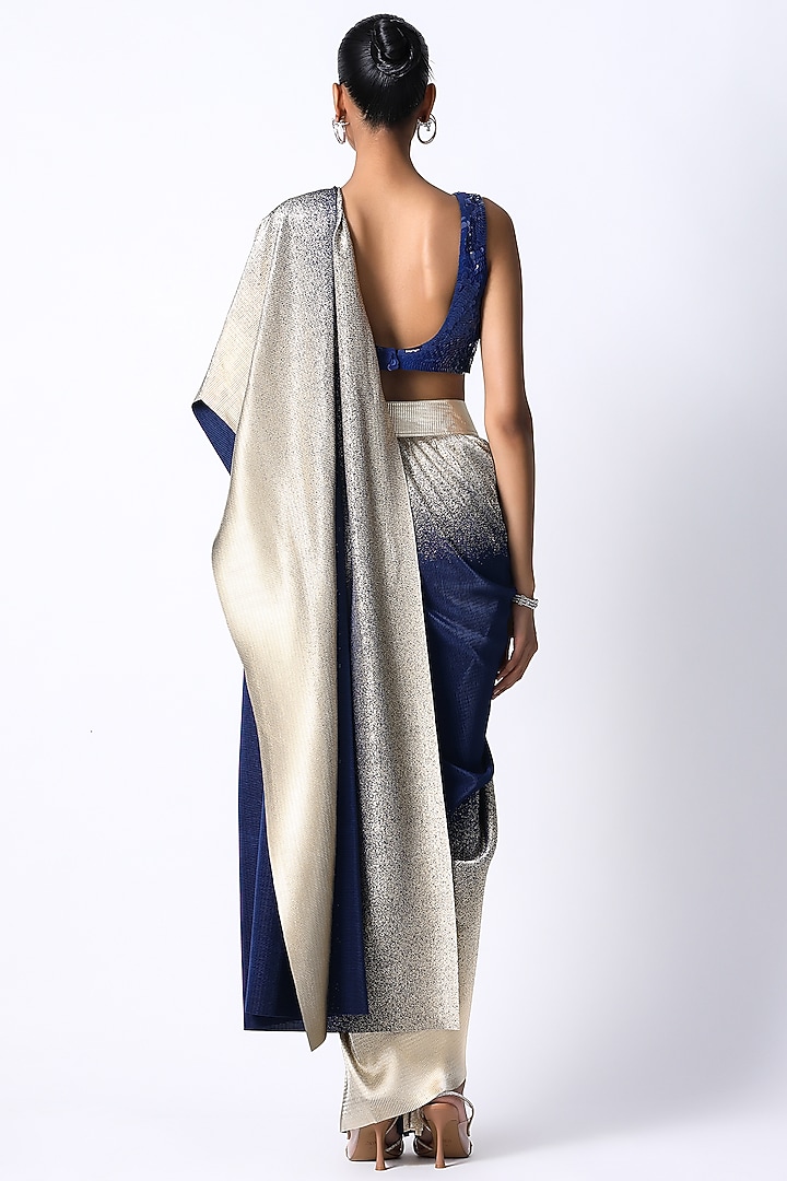 Electric Blue & Gold Cotton Ombre Pre-Draped Wedding Saree Set by 431-88 By Shweta Kapur at Pernia's Pop Up Shop