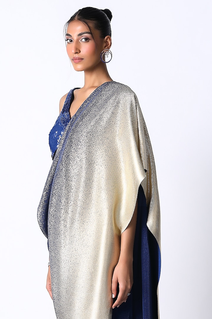 Electric Blue & Gold Cotton Ombre Pre-Draped Wedding Saree Set by 431-88 By Shweta Kapur at Pernia's Pop Up Shop