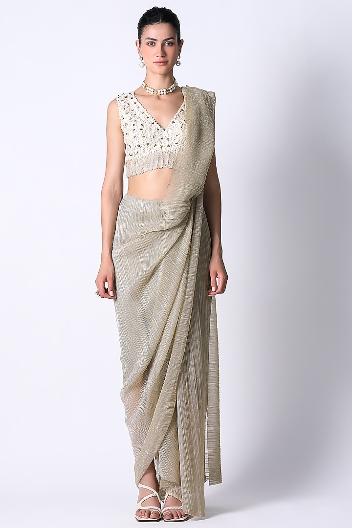 Champagne & Dusty Gold Shimmer Net Pre-Draped Saree Set by 431-88 By Shweta Kapur at Pernia's Pop Up Shop