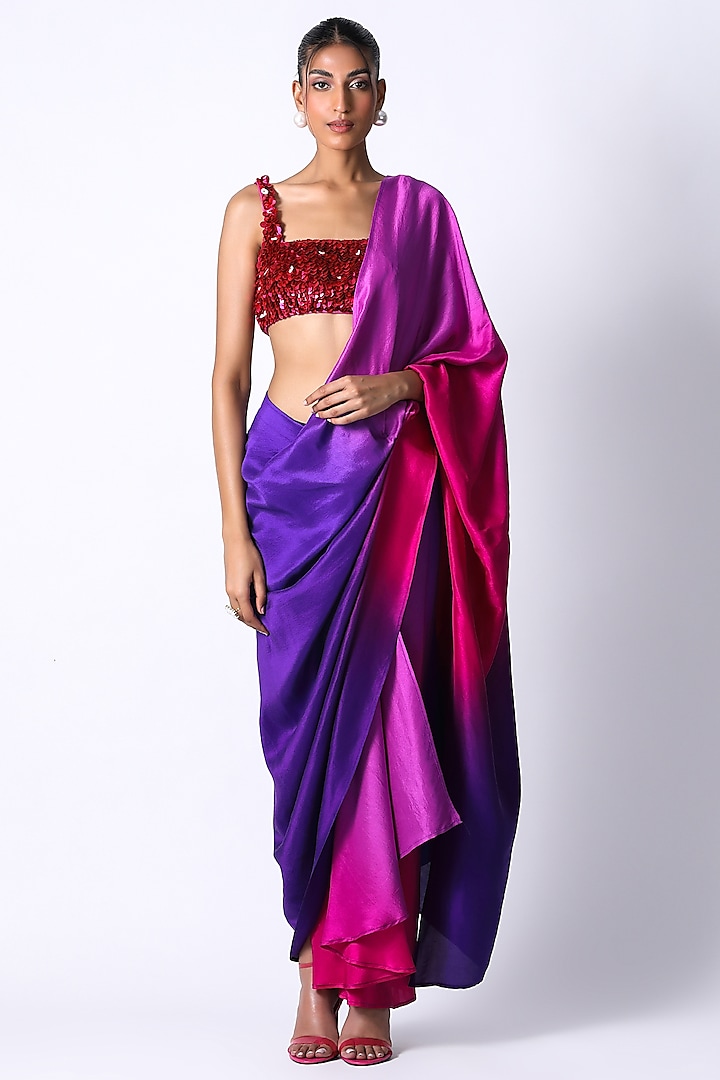 Fuchsia & Purple Silk Ombre Pre-Draped Wedding Saree Set by 431-88 By Shweta Kapur at Pernia's Pop Up Shop
