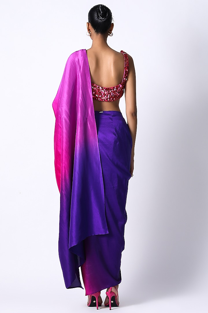 Fuchsia & Purple Silk Ombre Pre-Draped Wedding Saree Set by 431-88 By Shweta Kapur at Pernia's Pop Up Shop