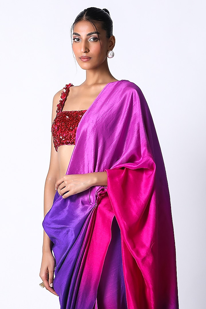 Fuchsia & Purple Silk Ombre Pre-Draped Wedding Saree Set by 431-88 By Shweta Kapur at Pernia's Pop Up Shop