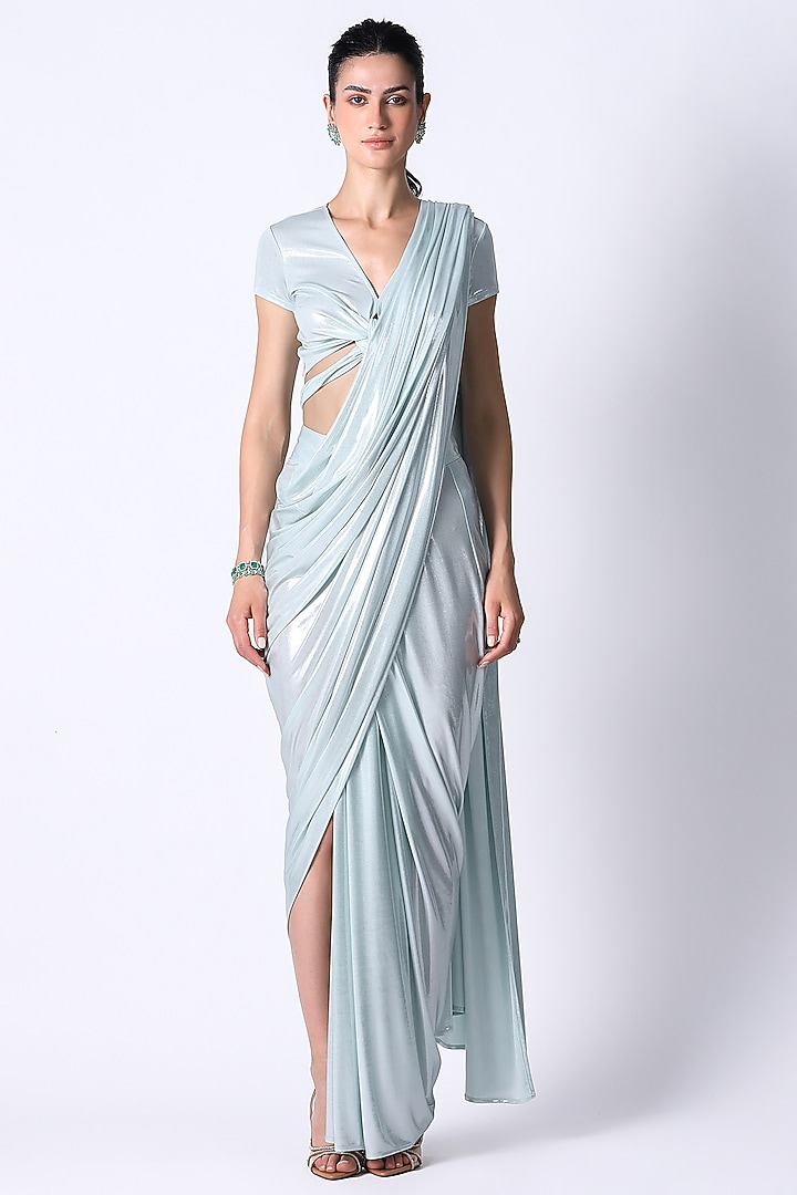 Mint Jersey Wedding Saree Set by 431-88 By Shweta Kapur at Pernia's Pop Up Shop