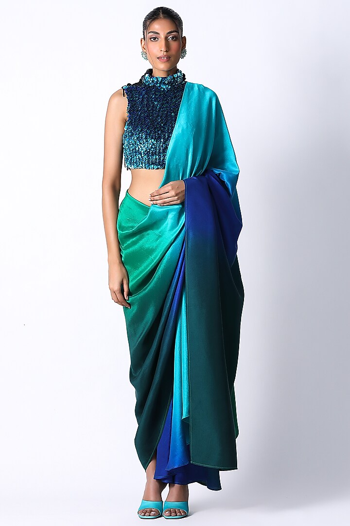 Emerald Green Silk Ombre Pre-Draped Reception Saree Set by 431-88 By Shweta Kapur at Pernia's Pop Up Shop