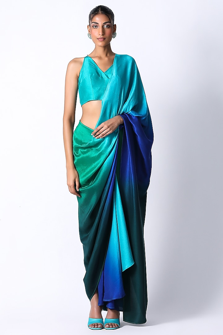 Emerald Silk Ombre Pre-Draped Wedding Saree Set by 431-88 By Shweta Kapur at Pernia's Pop Up Shop