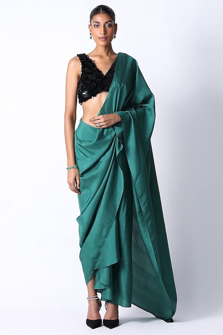 Forest Green Silk Pre-Draped Saree Set by 431-88 By Shweta Kapur at Pernia's Pop Up Shop