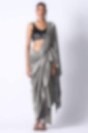 Black & Charcoal Silk Pre-Draped Saree Set by 431-88 By Shweta Kapur