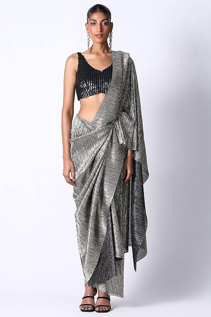 Black & Charcoal Silk Pre-Draped Saree Set by 431-88 By Shweta Kapur